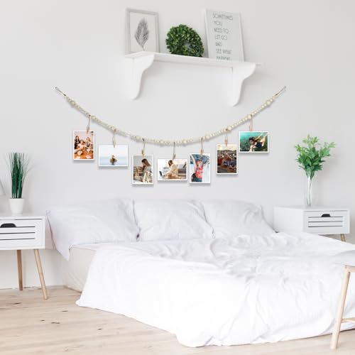 4 Ft Wooden Bead Garland Photo Display with Clips - Boho Room Decor