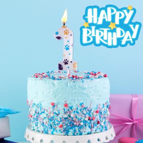 Cute Paw Print Birthday Candle - 3.94 Inch Blue Number 1 Cake Topper