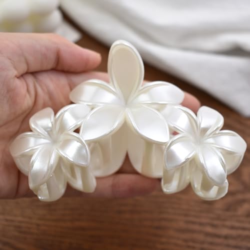 Pearl White Plumeria Flower Hair Claw Clip 4.3 Inch for Thick Hair