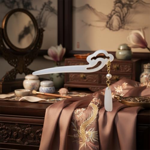 Chinese Acetate Jade Hair Stick with Tassel Flower Pendant