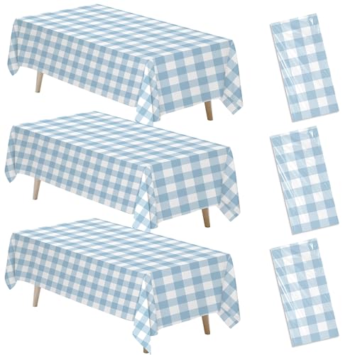 Light Blue Gingham Tablecloth Set - 3 Pcs, 55 x 86in