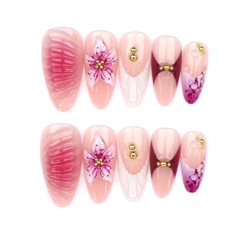Medium Almond Press on Nails 3D Floral French Acrylic Fake Nails Kit