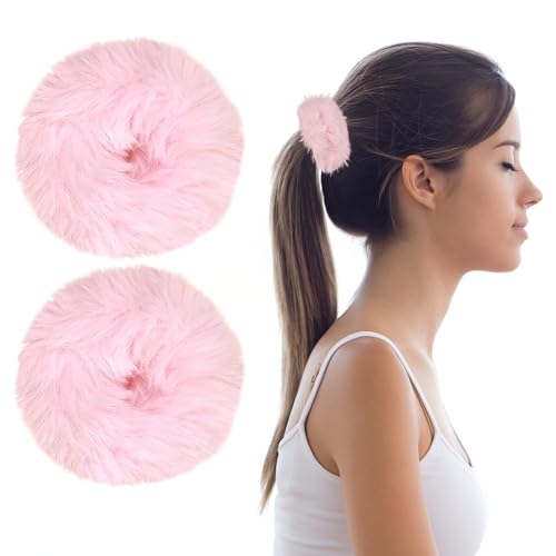 Light Pink Faux Fur Hair Scrunchies Set – Soft Fuzzy Hair Ties for Thick Hair (2 Pack)