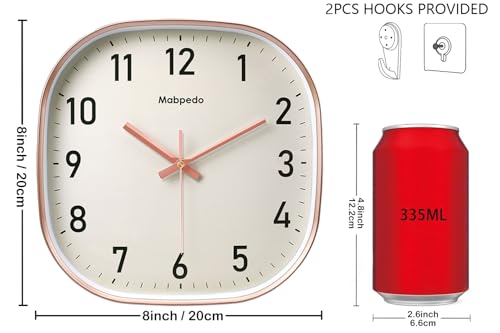 Mabpedo 8 Inch Rose Gold Square Silent Wall Clock - Battery Operated