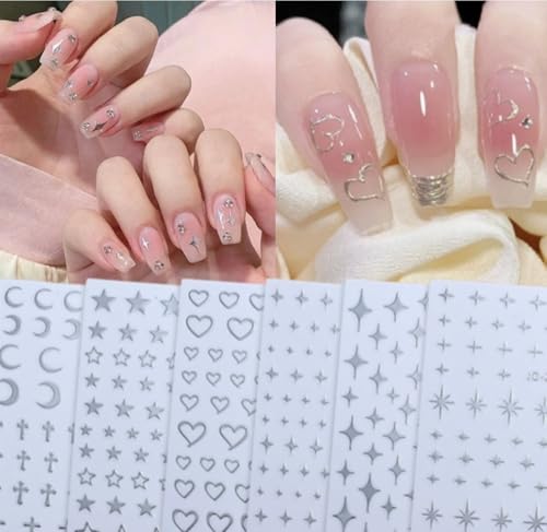 Star Nail Art Stickers 6 Sheets with Tweezer 3D Self-Adhesive Decals