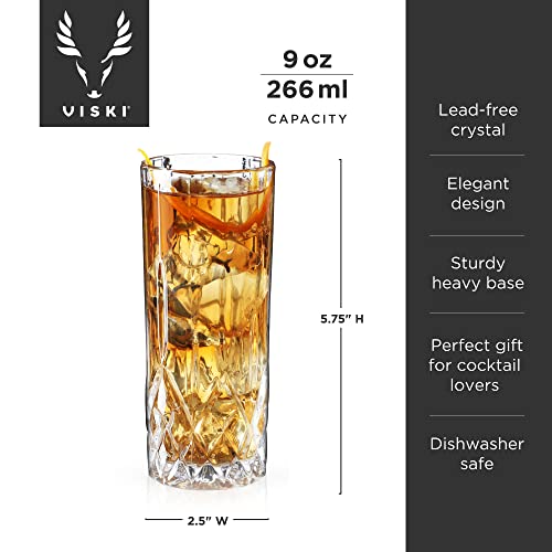 Viski Admiral Highball Glasses, Crystal Drinking Glasses, Elegant Glassware for Whiskey, Vodka, Cocktails, Perfect for Home Bars, Indoor & Outdoor Parties, Stylish Drinkware, 9 oz, Set of 4
