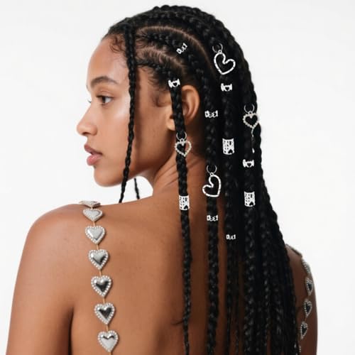 106 Pcs Silver Heart Hair Jewelry Clips Metal Cuffs for Braids Locs