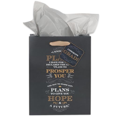 Graduation Gift Bag with Tissue Paper and Gift Tag - Black & Gold Celebration Theme