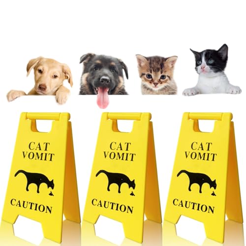 Yellow 5-Inch Dog and Cat Vomit Caution Sign 3-Pack - Humorous Pet Safety Warning Signs