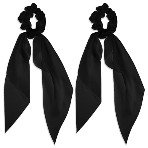 Mabor Satin Hair Scarf Scrunchies with Bow Tail - 2 Pcs Black Ribbon Ponytail Holder