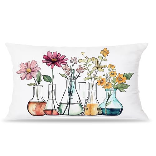 Chemistry Floral Beakers Pillow Cover 12x20 for Scientists