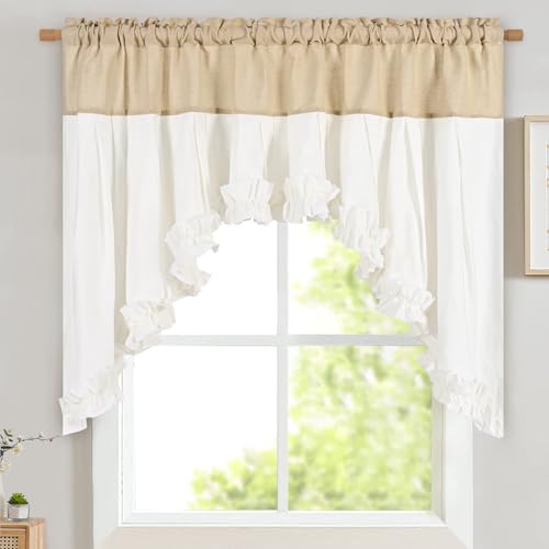 Likiyol Linen Ruffle Swag Valance, Farmhouse Rustic Window Curtains, 60x36