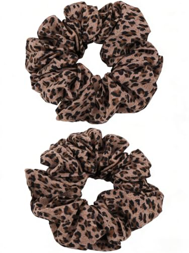 Leopard Print Satin Hair Scrunchies - 2 Pcs Large Cheetah Hair Ties