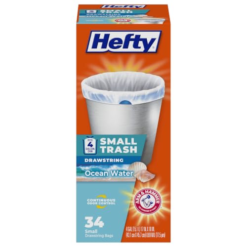 Hefty Small Trash Bags 4 Gallon Ocean Water Scent, 34 Count with Odor Neutralizer