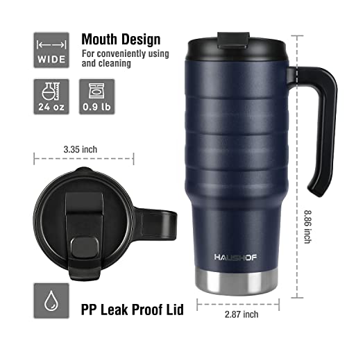 HAUSHOF 24 oz Stainless Steel Travel Mug with Handle - Insulated & Leak-Proof, BPA Free (Navy Blue)