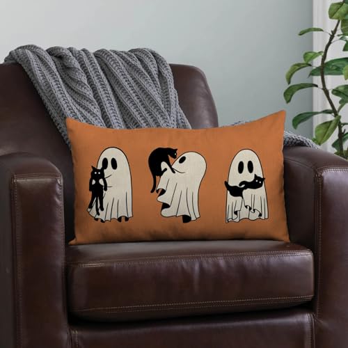 Halloween Pillow Cover 12x20 - Cute Ghosts & Black Cat, Orange