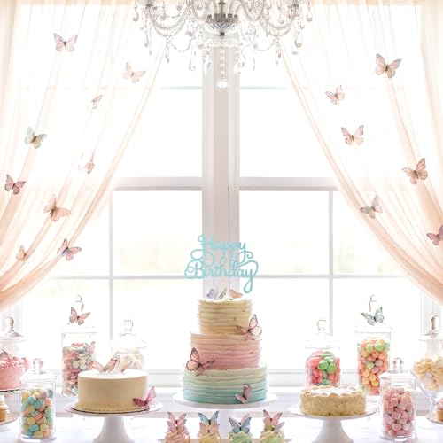 Light Blue Happy Birthday Cake Topper - Elegant Glitter Design
