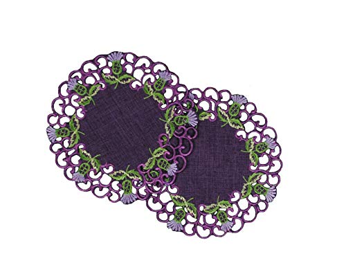 Purple Doilies Set of 2 - 6x6 Inch Celtic Thistle Embroidered Table Decor