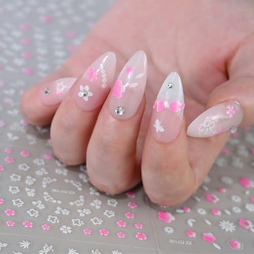 30 Sheet Pink & White Flower Nail Stickers 3D Floral Butterfly Decals