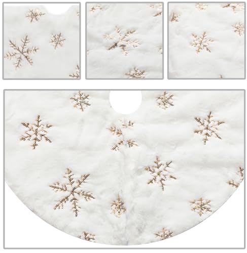 18-Inch Mini Christmas Tree Skirt White with Gold Sequin Snowflakes - Festive Holiday Decor