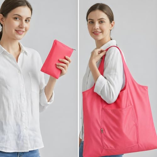 Reusable Foldable Grocery Bag - Waterproof Nylon Tote, Watermelon Red