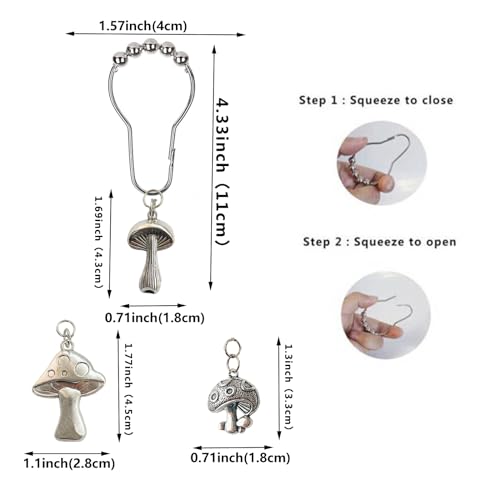 Mushroom Shower Curtain Hooks - 12Pcs Rustproof Silver Metal Rings