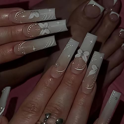 Press on Nails Long Coffin French Nude Pink Butterfly Fake Nails