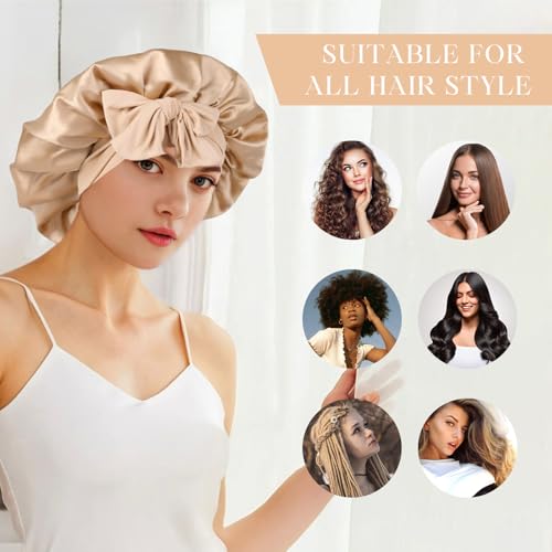 XRACEPHOL Double Layer Satin Sleep Bonnet with Adjustable Tie Band for Curly Hair, Gold
