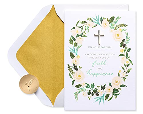 Papyrus Baptism Card - Foliage Design with Silver Cross Charm