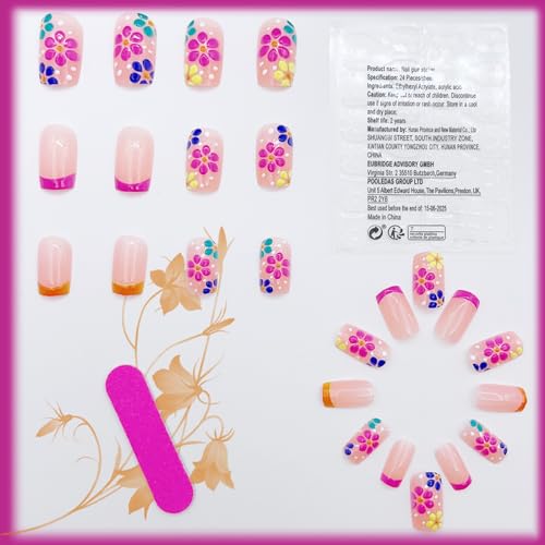 Short Square French Press on Nails with 3D Flower Embossed Design Nude Glossy False Nails