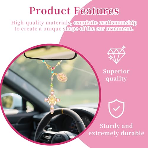 Virgen De Guadalupe Car Charm - Gold-Pink Cross Pendant Decor