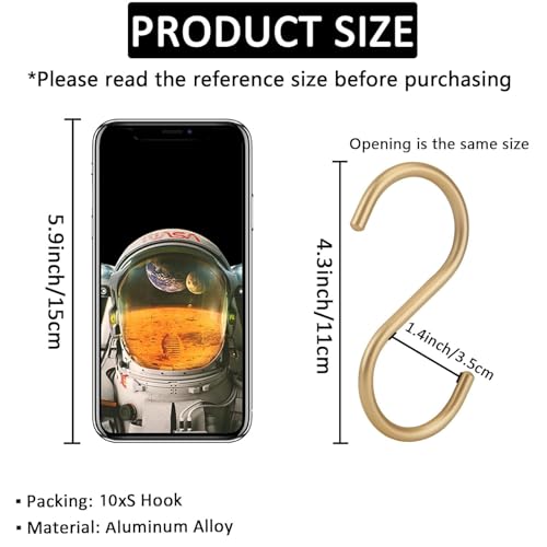 10-Pack Gold S Hooks - Heavy Duty Aluminum Utility Hooks for Storage