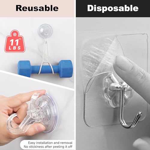 ANDGOO 4 Pack Clear Suction Cup Hooks for Shower, Holds up to 11 lbs, Reusable Bathroom Organizer