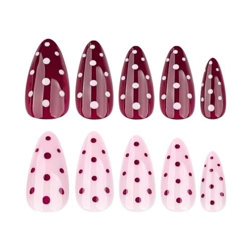 Pink Polka Dot Press on Nails Medium Almond Gel False Nails 24Pcs