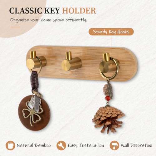 Nekon Bamboo Wall Key Holder with Gold Hooks - Small Adhesive Rack