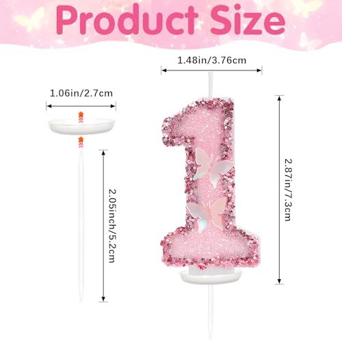 LASILE Pink Butterfly Number 1 Birthday Candle with Glitter Sequins, Cake Topper & Cupcake Decoration