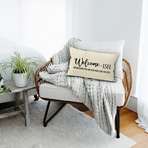 Farmhouse Rustic Welcome Linen Throw Pillow Cover 12x20 Inch - Housewarming Gift