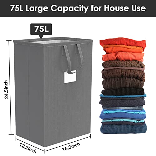 Marching Pin 75L Grey Laundry Hamper with Handles - Waterproof Tall Clothes Basket for Bedroom & Bathroom