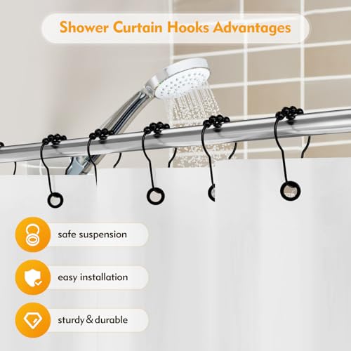 12 Pack Black Shower Curtain Hooks - Rust-Resistant Metal Rings