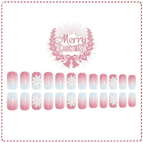 ASABITE Christmas Press on Nails Glitter Snowflake False Nails Medium Square