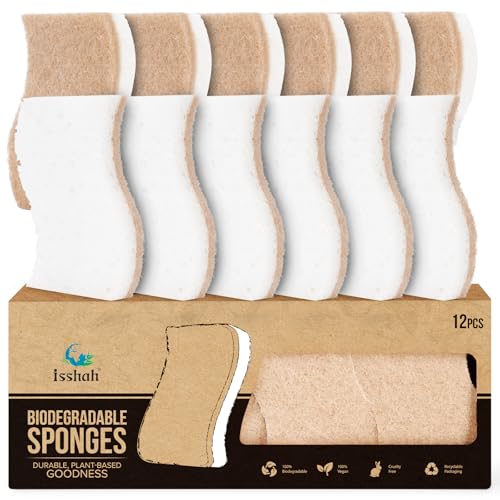Isshah Natural Kitchen Scrub Sponges - Eco-Friendly Plant-Based, 12 Count