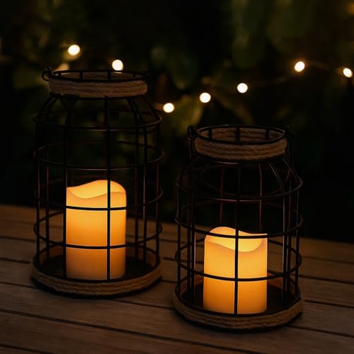 Black Rustic Farmhouse Lantern Set of 2 with LED Candles - Indoor Outdoor Decor