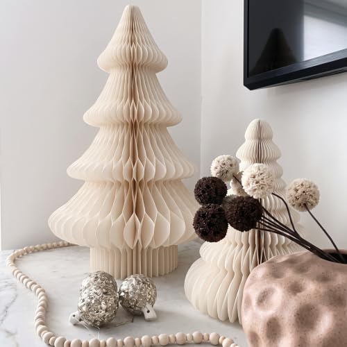 2 Ft Beige White Honeycomb Paper Christmas Tree - Small Festive Decor