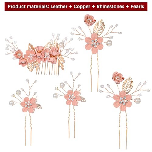 5-Piece Pink Bridal Hair Pins & Comb Set with Pearls and Rhinestones