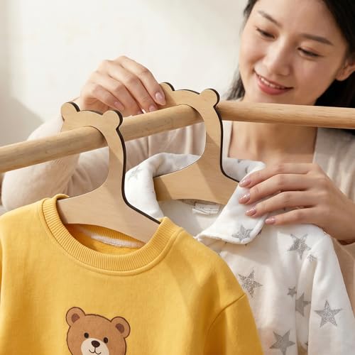 10 Pack Wooden Baby Hangers with Bear Ears - Non-Slip Toddler Clothes Storage