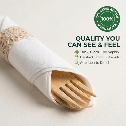 Pre Rolled Napkin and Bamboo Cutlery Set - 50 Pack Bamboo Utensils Wooden Cutlery 50 Forks 50 Knives 50 Spoons 50 Napkins, Pre Wrapped Disposable Silverware Cutlery for Party, Wedding, Events
