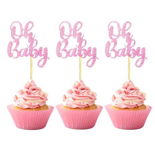 36 Pink Glitter Baby Shower Cupcake Toppers - Pre-Assembled Picks for Parties