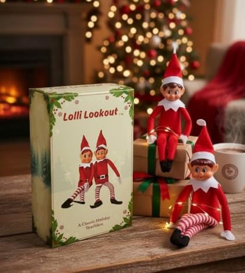 Lolli Lookout™ Christmas Elf Pair - Set of 2 Classic Plush Figurines | 14-Inch Red Holiday Shelf Sitters for Mantel Decor