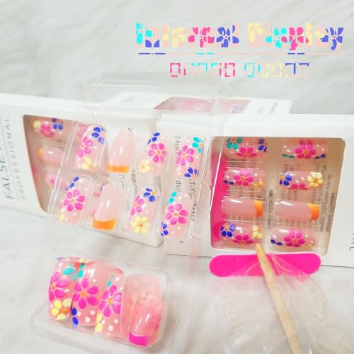 Short Square French Press on Nails with 3D Flower Embossed Design Nude Glossy False Nails
