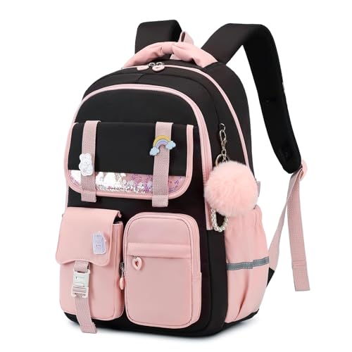 MUSEVOS Girls School Backpack - Large Water-Resistant Bookbag, Black Pink
